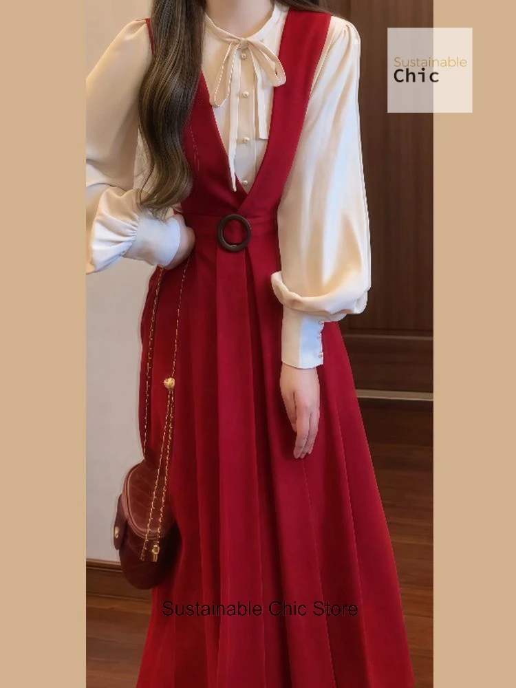 한국식 빨간색 고급 서스펜더 드레스 여성 봄, 가을 새로운 패션 기질 캐주얼 조커 작은 향수 정장