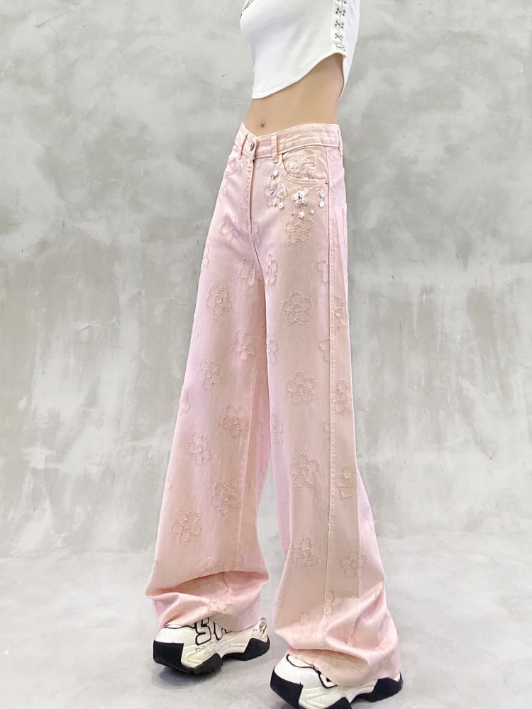 2025 Summer and Autumn New Women's Jacquard Decorative Casual Jeans High Waist Loose Slimming Versatile Straight Wide-Leg Pants
