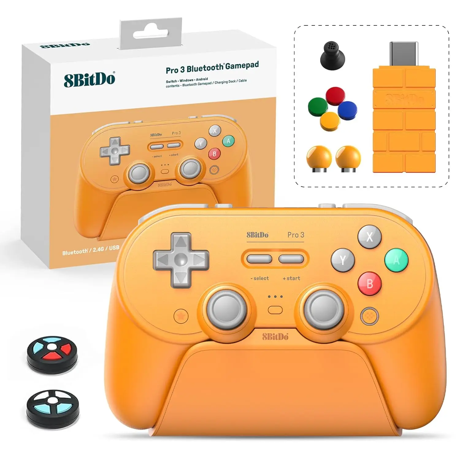 

Pro 3 Bluetooth Controller with TMR Joysticks, Swappable Buttons, Back Buttons, Charging Dock, Hall Effect Triggers for Switch, Windows, Mac, SteamOS, Android (Orange)