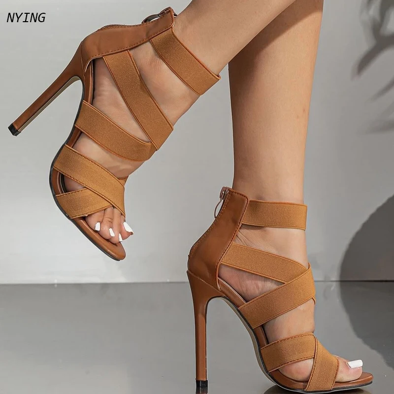 

2026 New Women Brown Elastic Strap High Heel Sandals Open Toe Thin Heels Ankle Wrap Back Zipper Party Shoes Plus Size 35-44