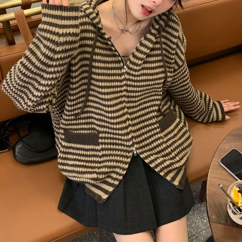 Fashion Vintage Striped Zipper Cardigan Spring Autumn Korean Hooded Loose Women\'s Clothing Casual Long Sleeve Knitted Sweaters