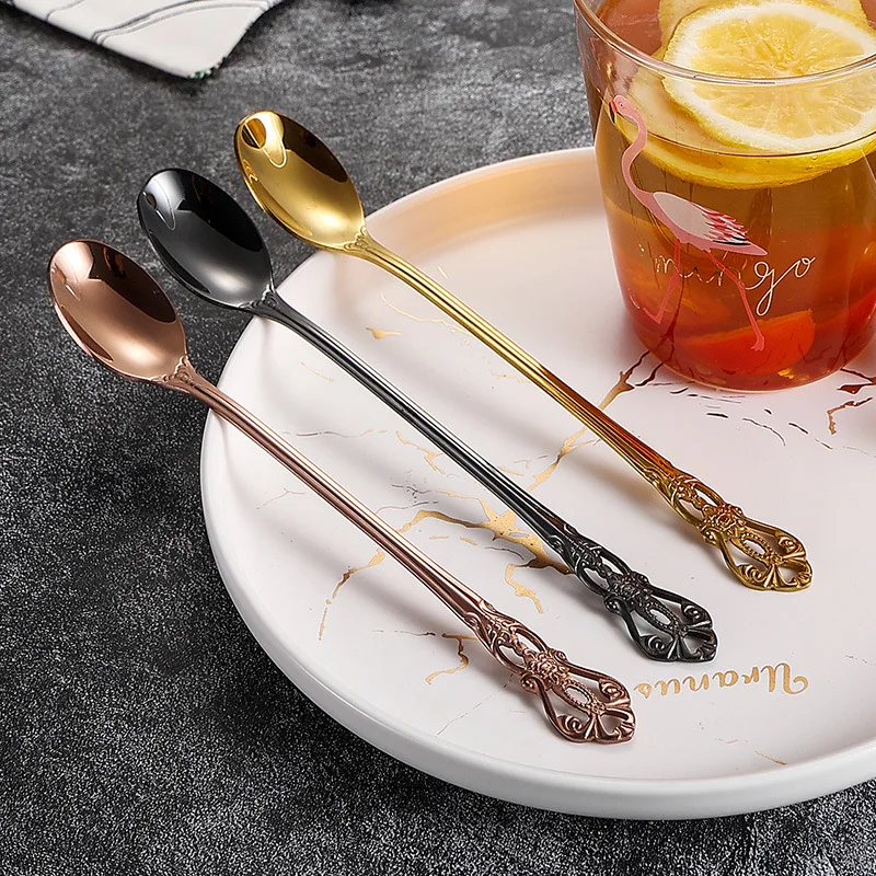 Retro Coffee Spoon Creative Long Handle Stainless Steel Ice Spoon Stirring Spoon Ice Cream Dessert Spoon Kitchen Accessories