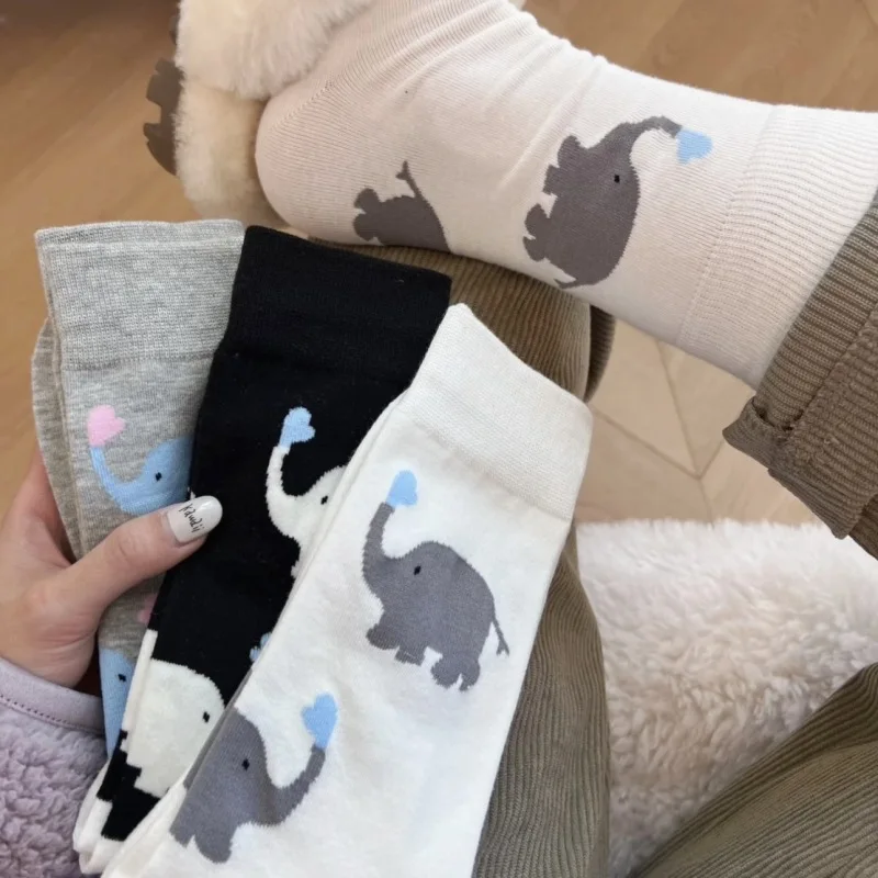 Cute Elephant Socks for Men and Women Japanese Trend Internet Celebrity Cartoon Korean Version Black White Gray Mid Tube Socks