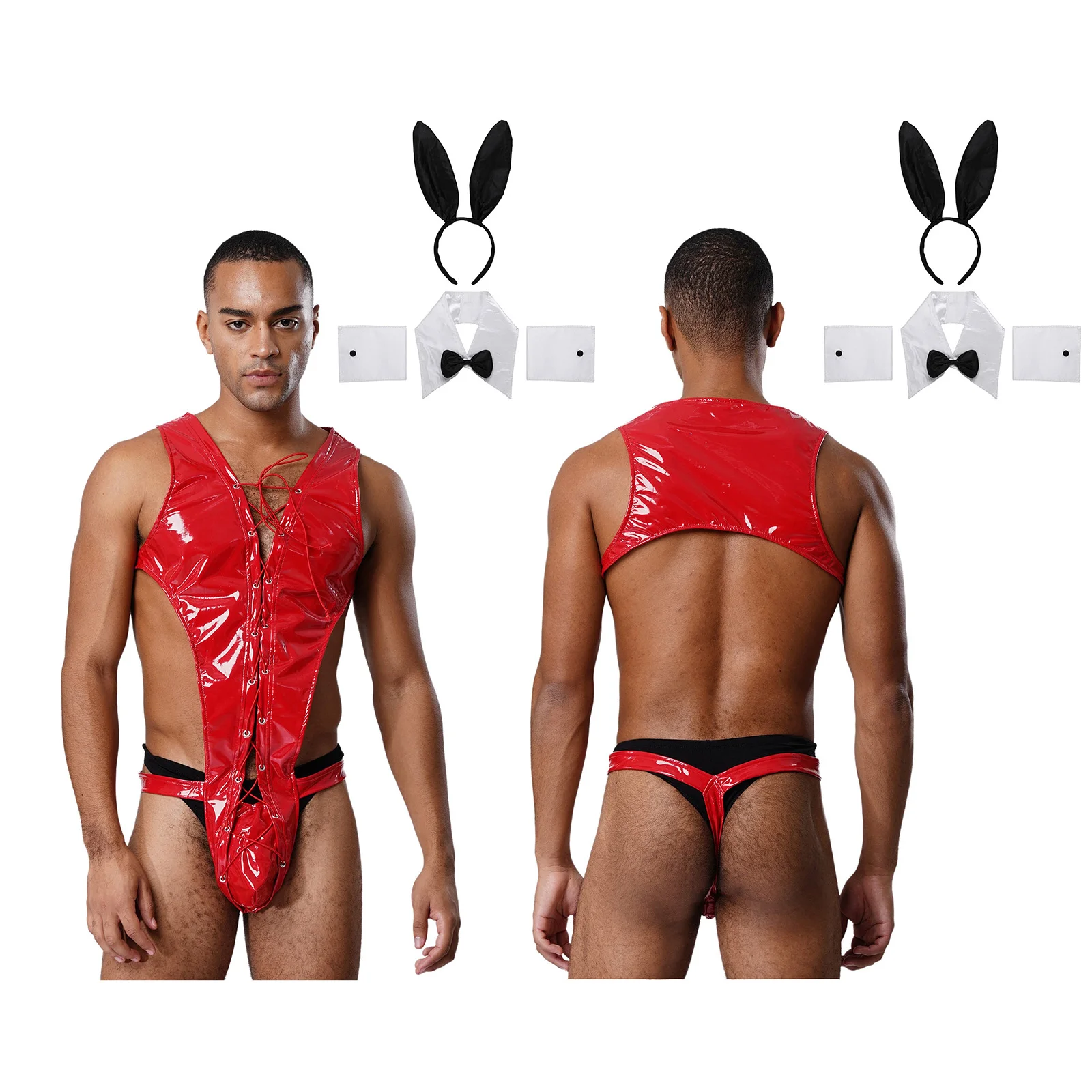 

Мужское нижнее белье с кроликом, ночная рубашка для ролевых игр, боди на шнуровке с Т-образной спинкой и кроличьими ушками, повязка на голову, воротник, галстук-бабочка и манжеты, сексуальная ночная рубашка