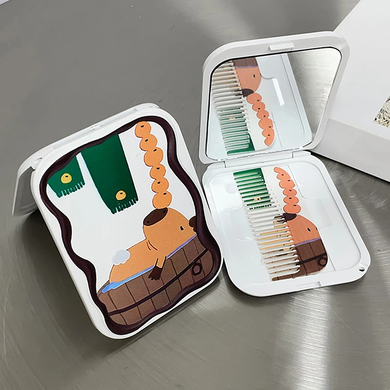 카툰 Capibala 플립 탑 휴대용 접이식 거울, 귀여운 돌고래 휴대용 접이식 메이크업 거울