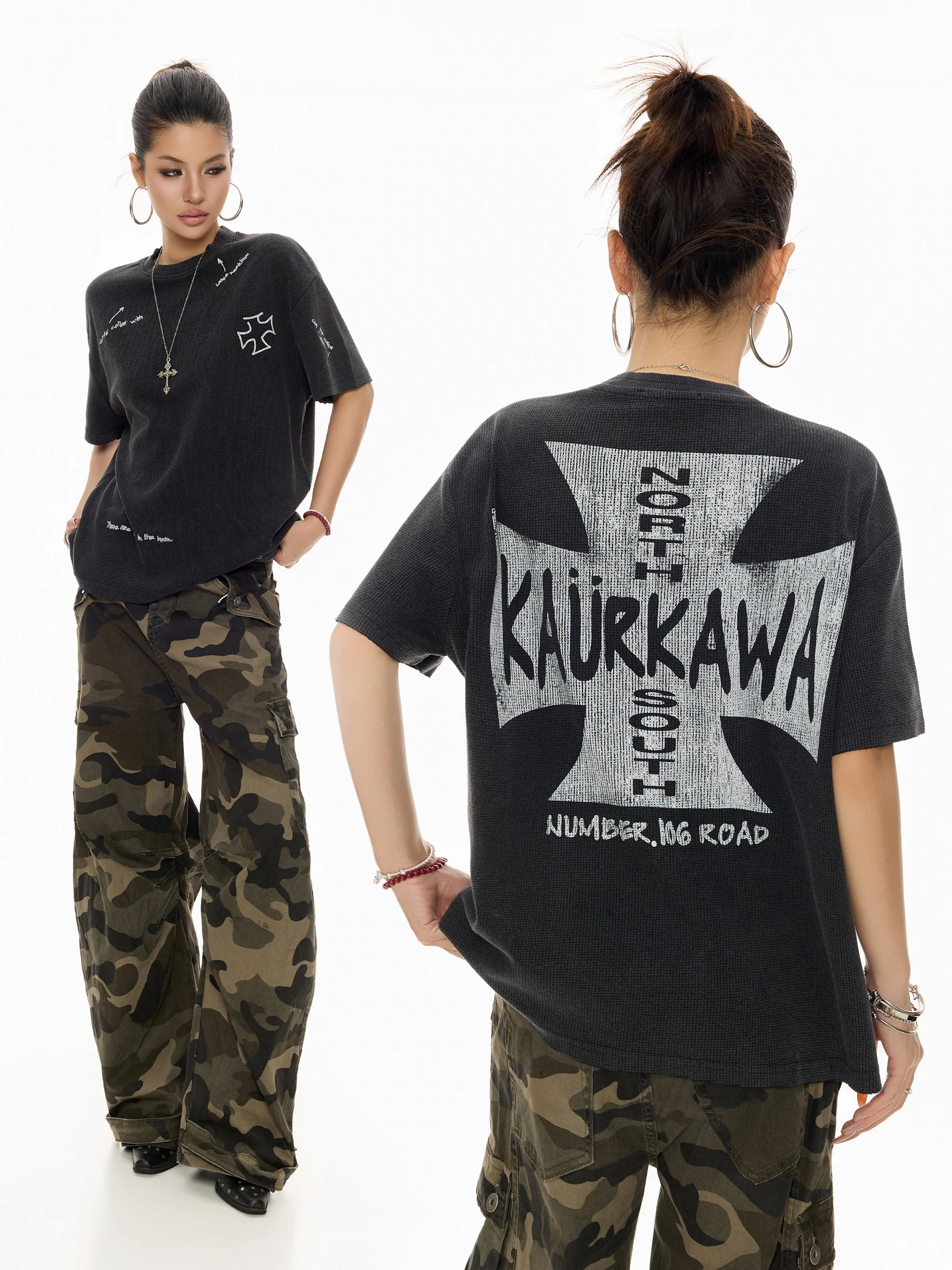 

Retro Washed Short Sleeve T-Shirt Women's Cross Print Loose Slimming Top Trendy Citywalk Cotton Polyester Blend Summer