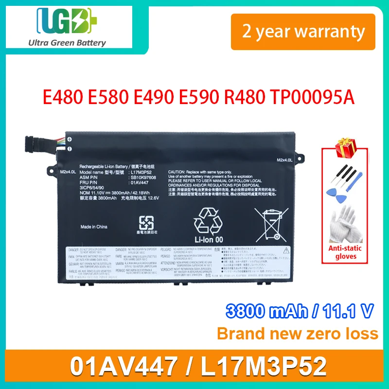 

UGB New 01AV447 L17M3P52 Laptop Battery For Lenovo ThinkPad E480 E485 E580 E490 E590 E585 R480 R580 SB10K97606 01AV446 TP00095A