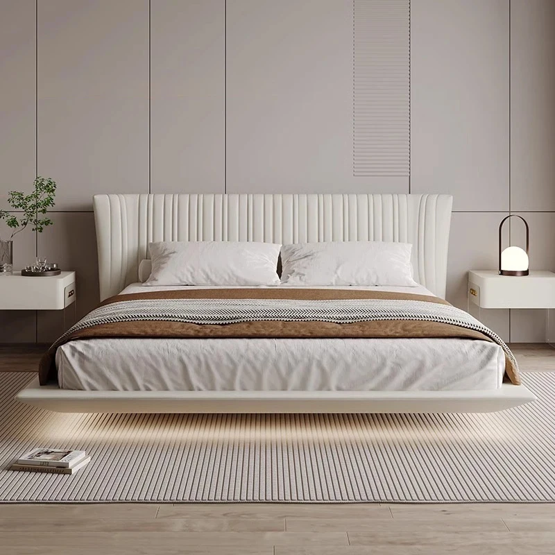 SAT. Modern Shell Floating Bed Set Cream Style Designer Upholstered Leather Bed Light Luxury Hotel King Bed Frame with Light