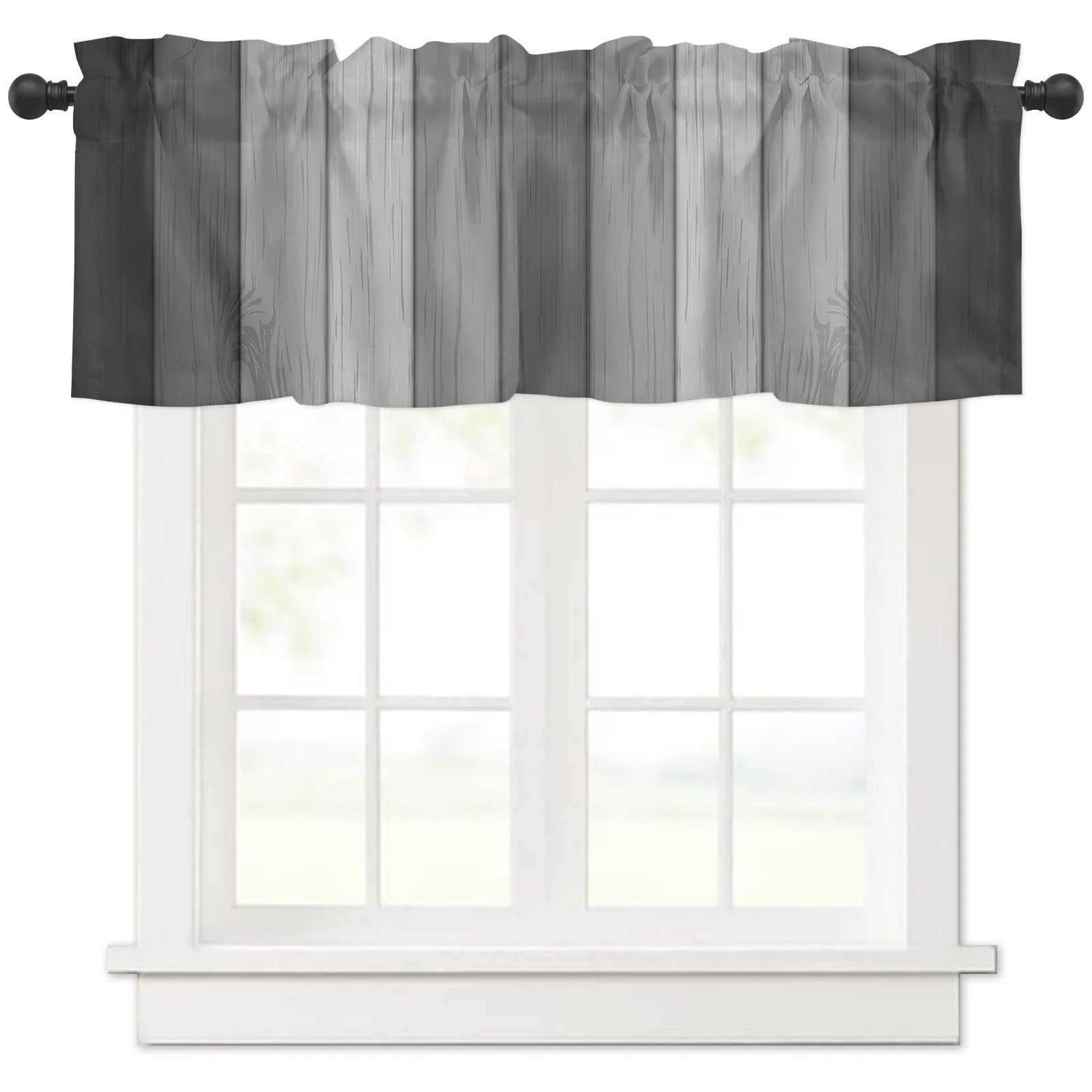 Retro Black And White Gray Gradient Wood Grain Rod Pocket Short Curtain Half-Curtain For Kitchen Door Drape Cafe Small Window