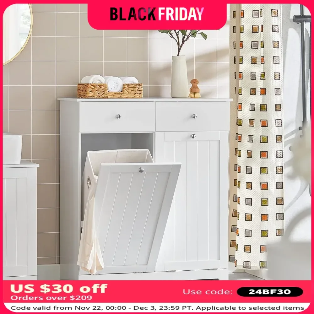 White Bathroom Laundry Cabinet with 2 Baskets and 2 Drawers, Tilt-Out Laundry Hamper, Bathroom Storage Cabinet Unit with Drawer