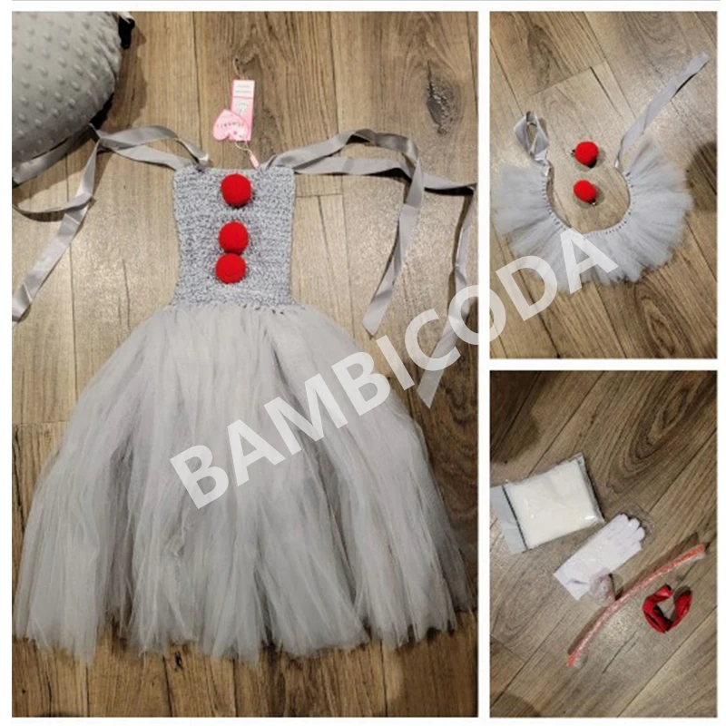 Gray Clown Led Light up Tutu Dress for Girls Carnival Halloween Costume for Kids Girl Joker Cosplay Children Party Scary Clothes