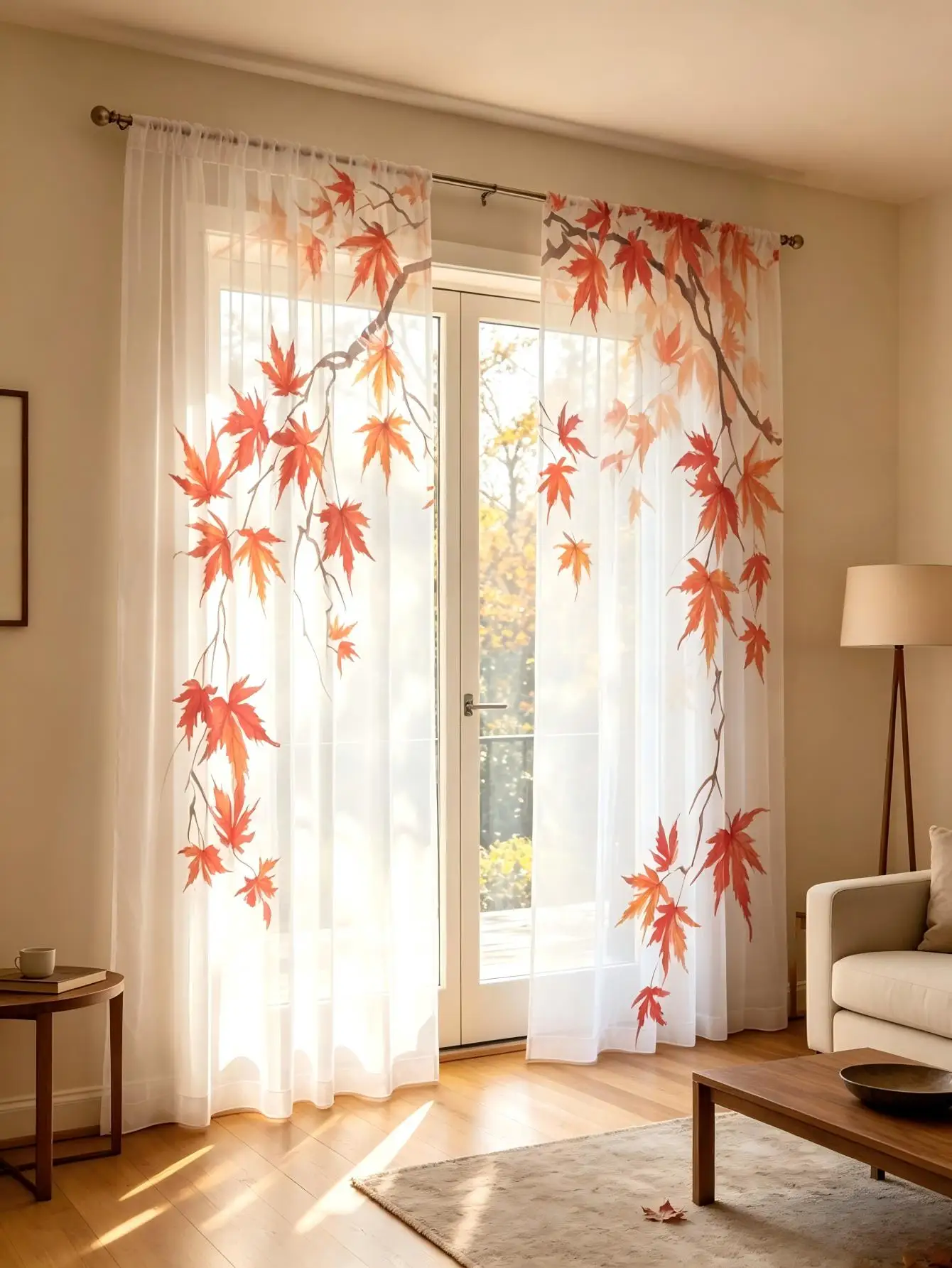 2PCS Digital Print Sheer Curtain, Red Maple Hanging Branch Fall Autumn Window Drapes for Living Room Bedroom Home Decor