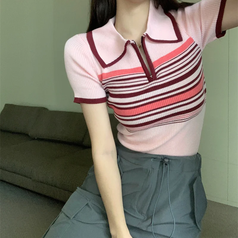 

Nice Spring Summer Polo-Neck Striped Short Sleeve Knitting T-Shirts Female New Slim Trend Sexy Zipper Turn-down Collar Top Tee F