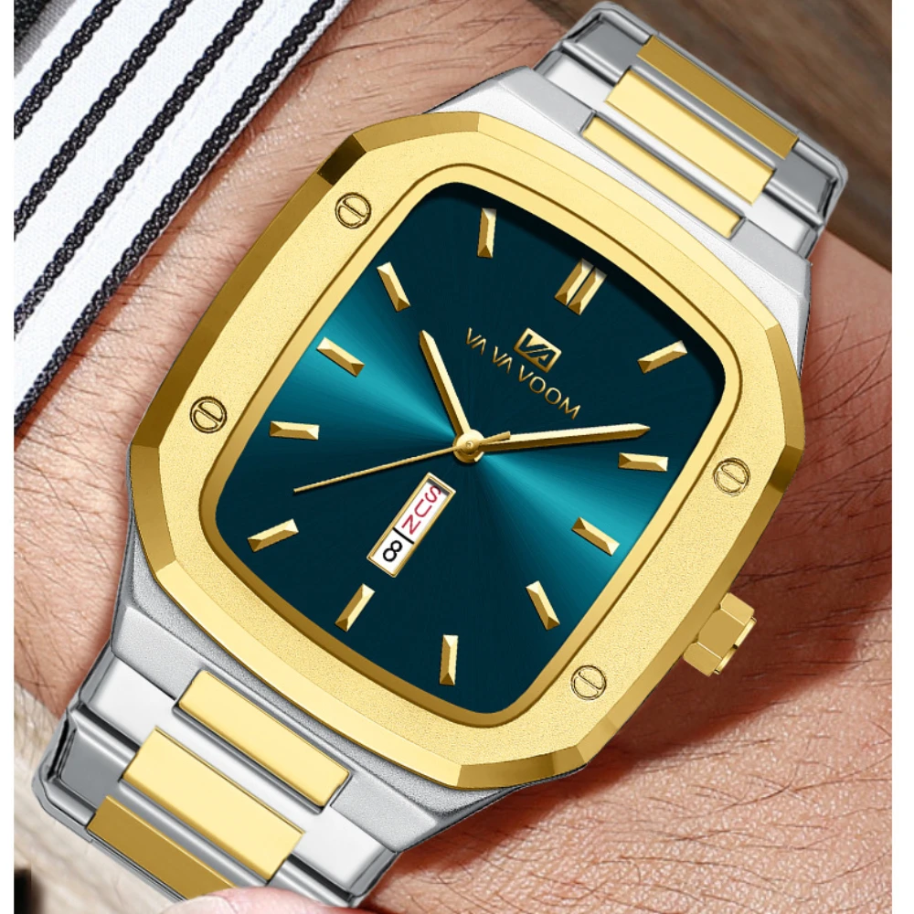 

Роскошные деловые прямоугольные циферблаты, водонепроницаемые, креативные, с двойным календарем, ремень из нержавеющей стали, мужские часы, кварцевые наручные часы