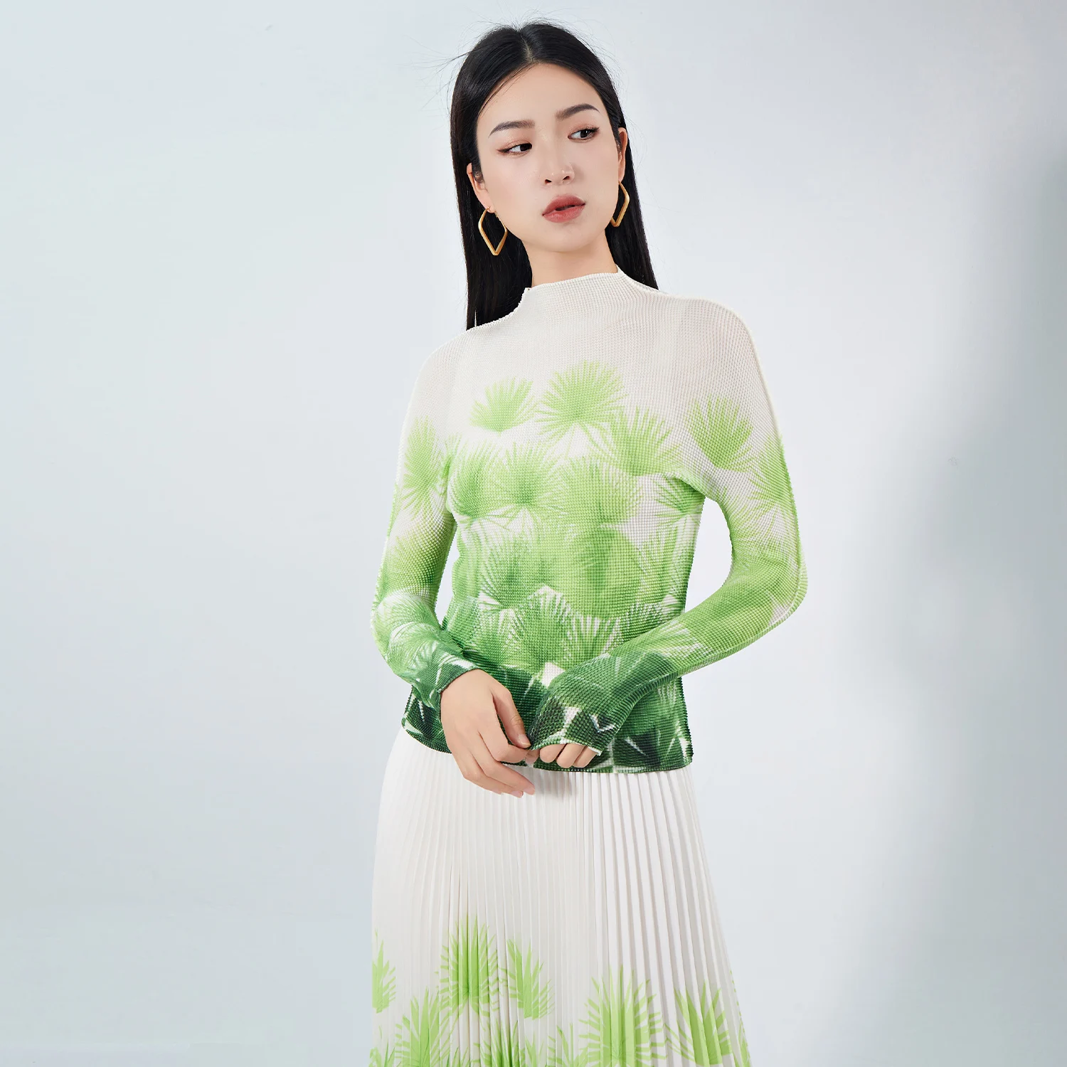 Miyake Women's Casual Two-Piece Set Unique A-Line Skirt With Long Sleeve Top Elegant & Plus Size Pleated Set