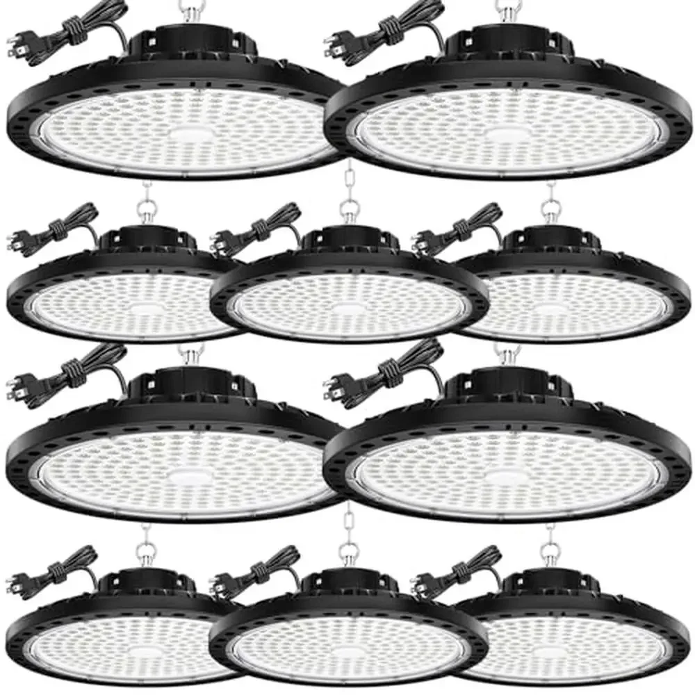 200W High Bay LED-licht 10-pack 28000LM UFO Winkelverlichting 6,56FT Kabel US Plug Metalen ketting Driver IP65 Waterdicht Ultra-efficiënt