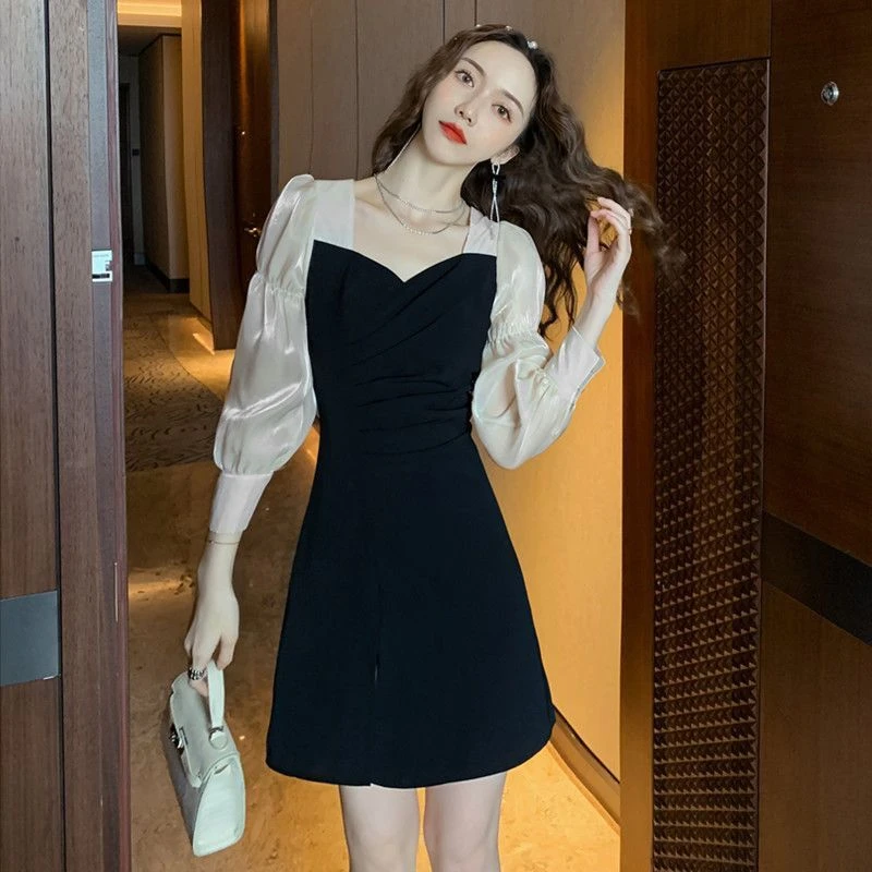 

Платье с длинным рукавом во французском стиле для женщин, маленькое черное облегающее Сетчатое платье в ретро-стиле Хепберн, женская одежда, длинное платье