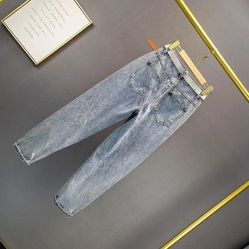 Women\'s Fashion Jeans Ripped Jeans New Loose High Waist Jeans Beads Rhinestones Harem Pants Female Street Holes Denim Trousers