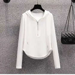 Spring Autumn Women Solid Color Casual Zipper Basic Hooded Shirt Long Sleeve Sport Sweatshirt Female Thin Knit Hoodies Pullover