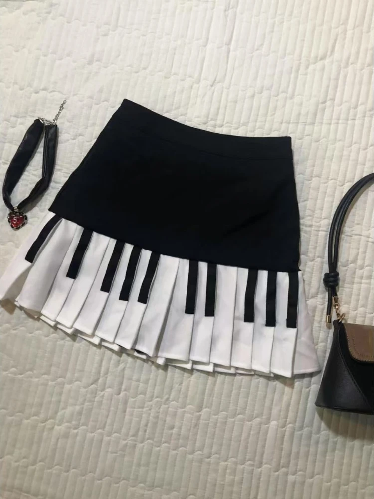 Vintage Y2k  Black White Piano Skirt Women Design Hepburn Summer Harajuku Mini Skirt Female Fashion Hot Girl New Retro Clothing