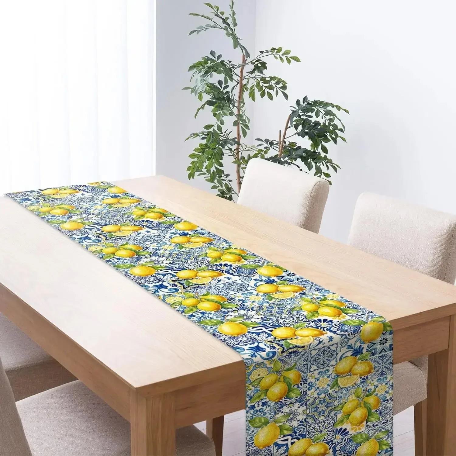 Blue Yellow Lemon Linen Washable Table Runners Decor For Farmhouse Kitchen Dining Summer Holiday Party Decor
