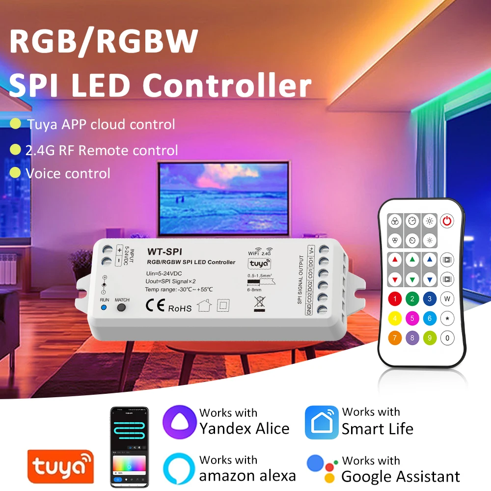 

5-24V WT-SPI RGB RGBW LED Controller Tuya Smart Addressable WS2811 WS2812 SK6812 WS2814 Strip Light Controler Remote Control