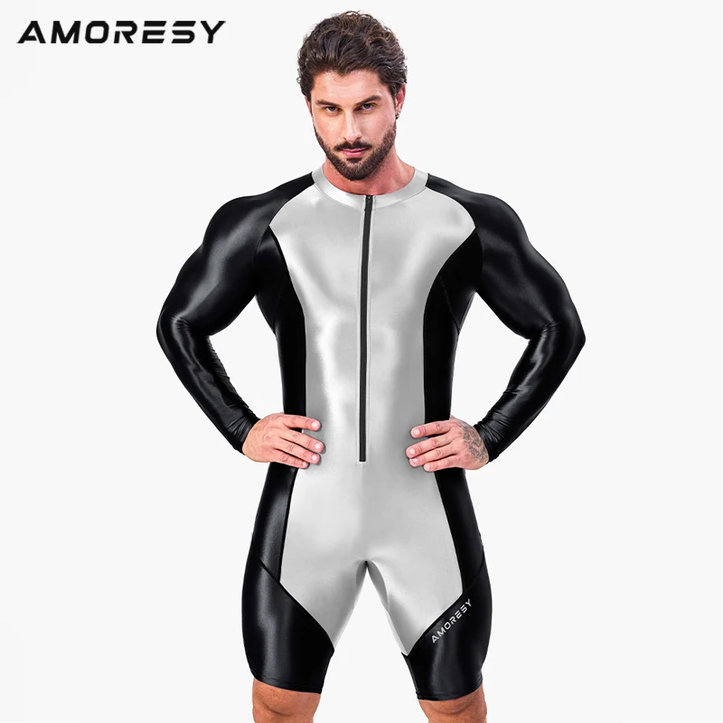 Japanese Swimsuit Man Sexy Satin Shiny Glossy Body Suit Cycling Smooth Tight Running Sports Fitness jumpsuits Swimming Pants