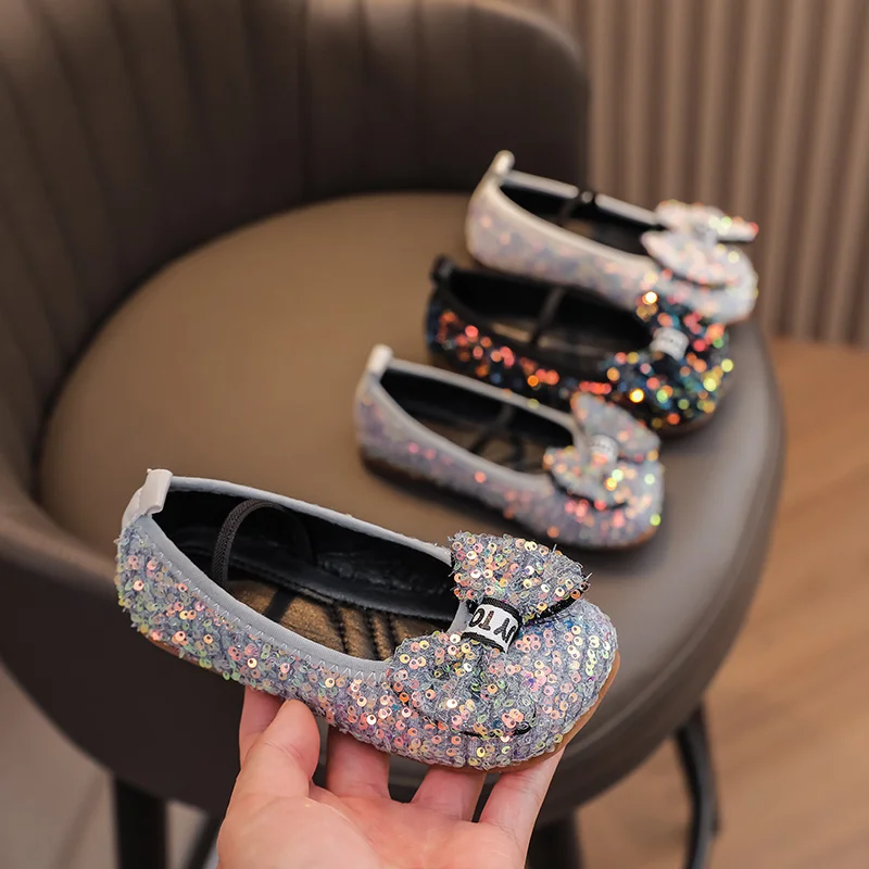 Baby Girls Princess Sequin Bow Cute and Comfortable Children Dance Shoes Kids Fashion Students Cartoon Casual Sandals Flat Shoes