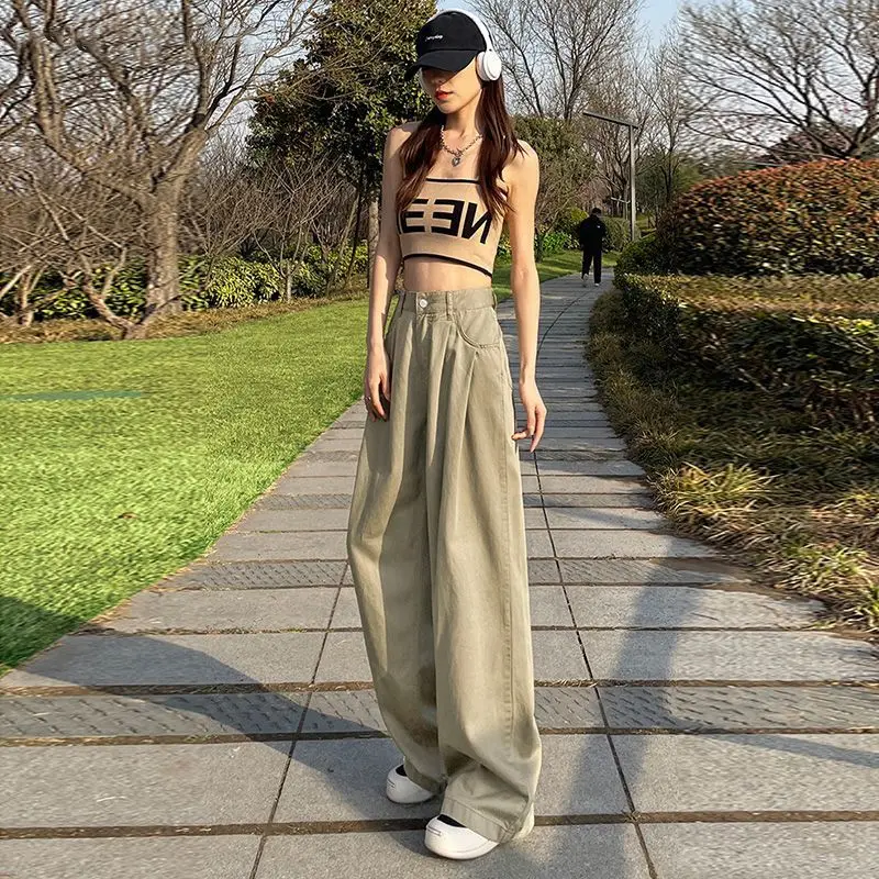 بنطال ذو قصة أرجل واسعة كاكي للنساء ربيعي طويل للغاية طيات مرنة حزام اللف الحد الأدنى الربط فريد مشروط تخفيف #2