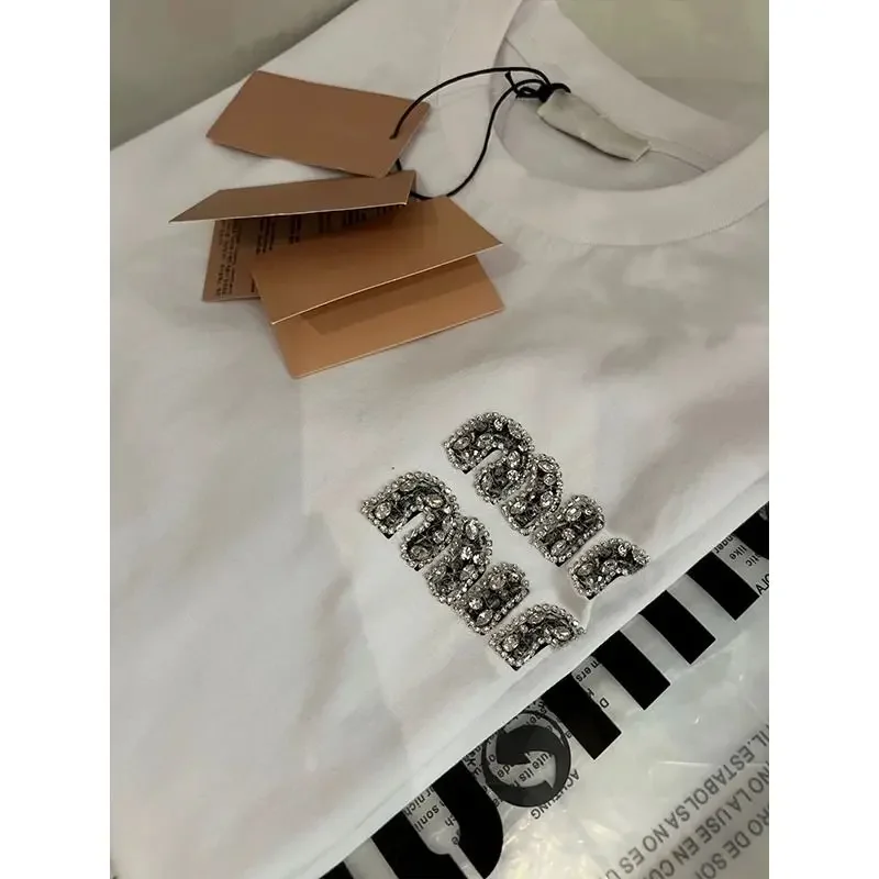 Femme Fashion Diamonds Letter White Short Sleeve T-Shirts Summer Casual Loose Top Tee Women Clothing Simplicity Tee Shirt