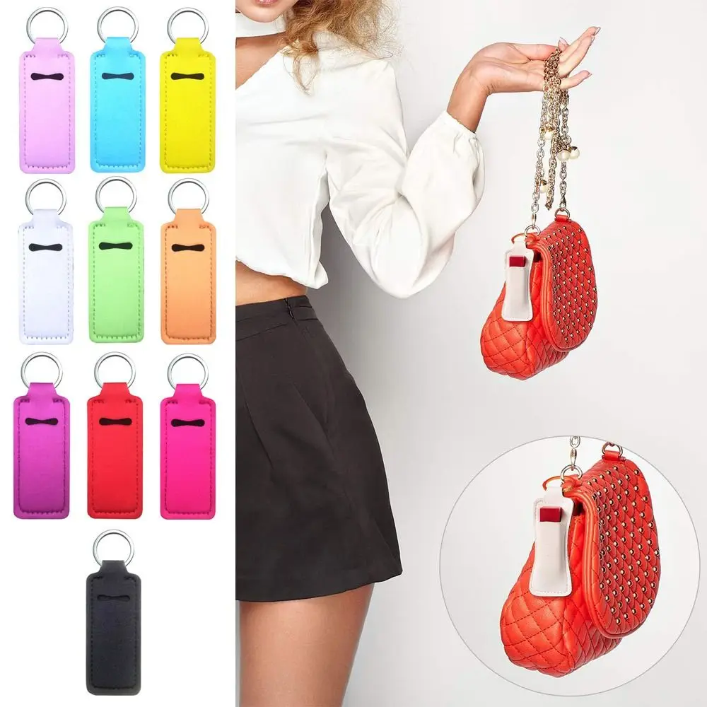 Neoprene Lipstick Keychain Bag Portable Multicolour Rectangle Lipstick Pouch Keyring Chapstick Bag Lipstick