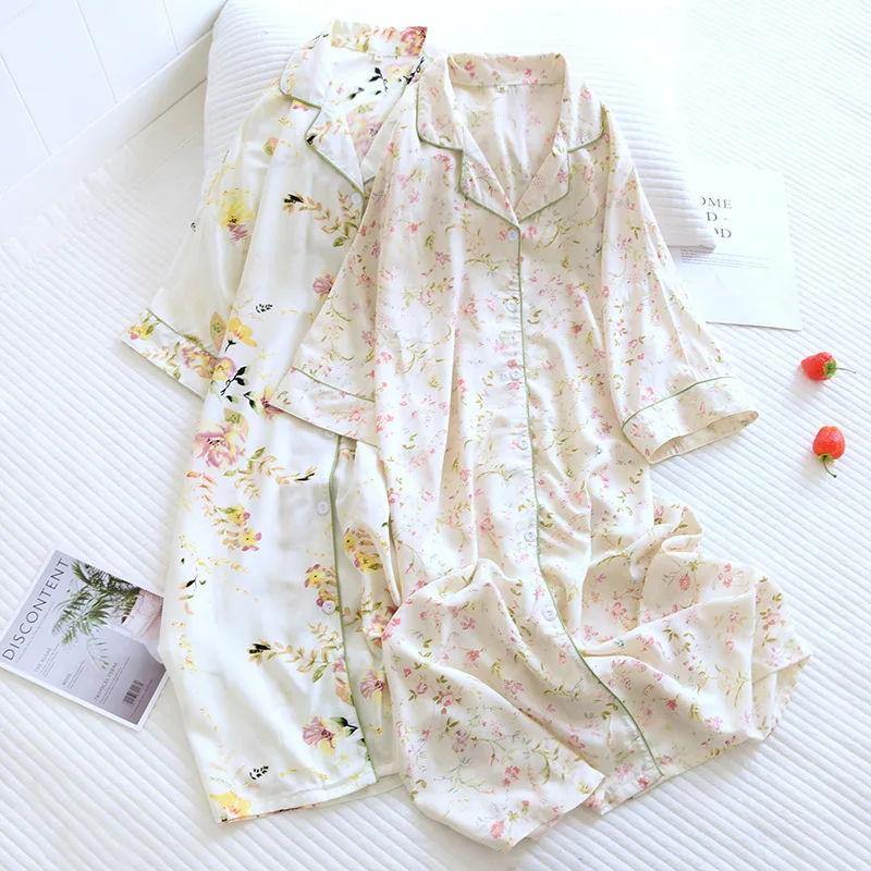 Cotton Short Sleeved Lapel Cardigan Spring Summer Loose Home Dress Casual Women Nightgowns New Printed Ladies Nightshirt