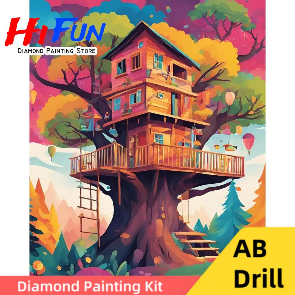 

AB Drills Fantastical Tree House 5d Diy Diamond Painting Art Treehouse Among Branches Cross Stitch Mosiac Kids' Adventure Decor