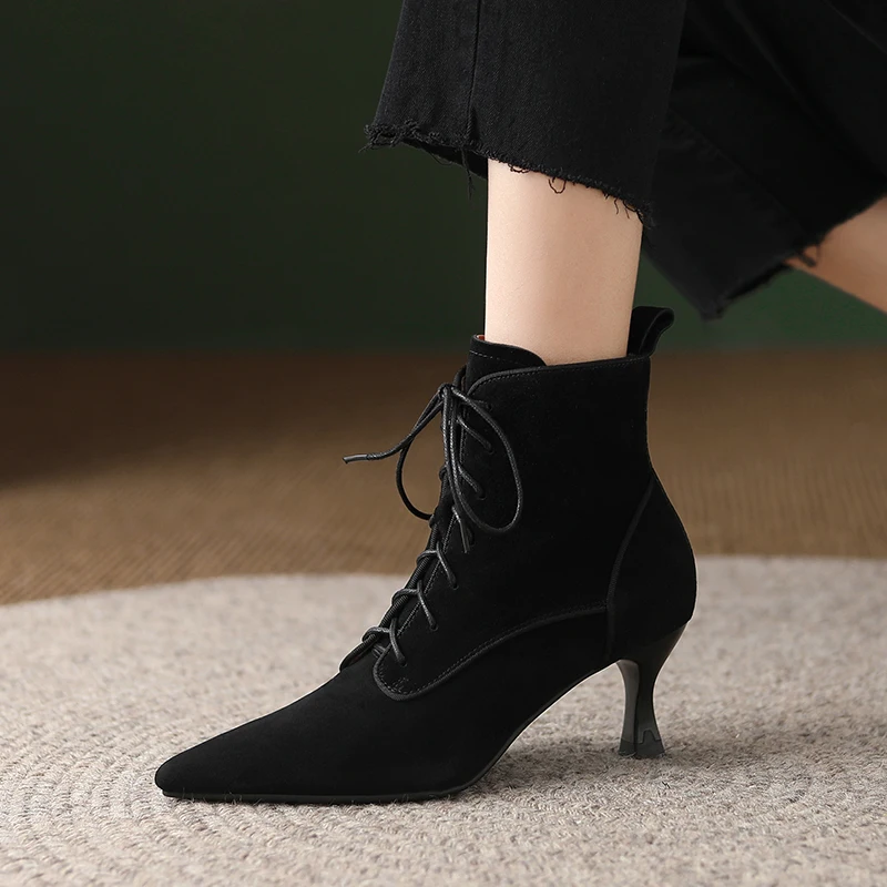 Elegant Spring Autumn Botas Warm Winter Shoes Sexy Heel Short Boots With Zippers omen Ankle Boots Sheepsuede Shoes Woman