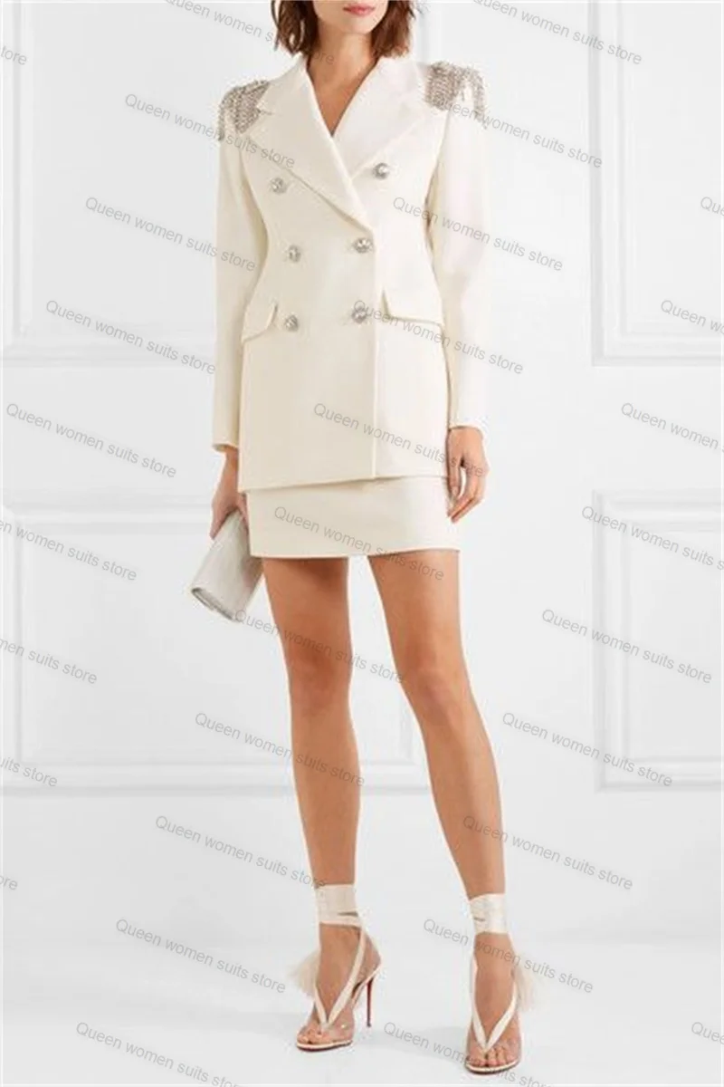 Off White Formal Women Suit Skirt Set 2 Piece Blazer+Short Mini Prom Dress Business Office Business Lady Jacket Coat Customized