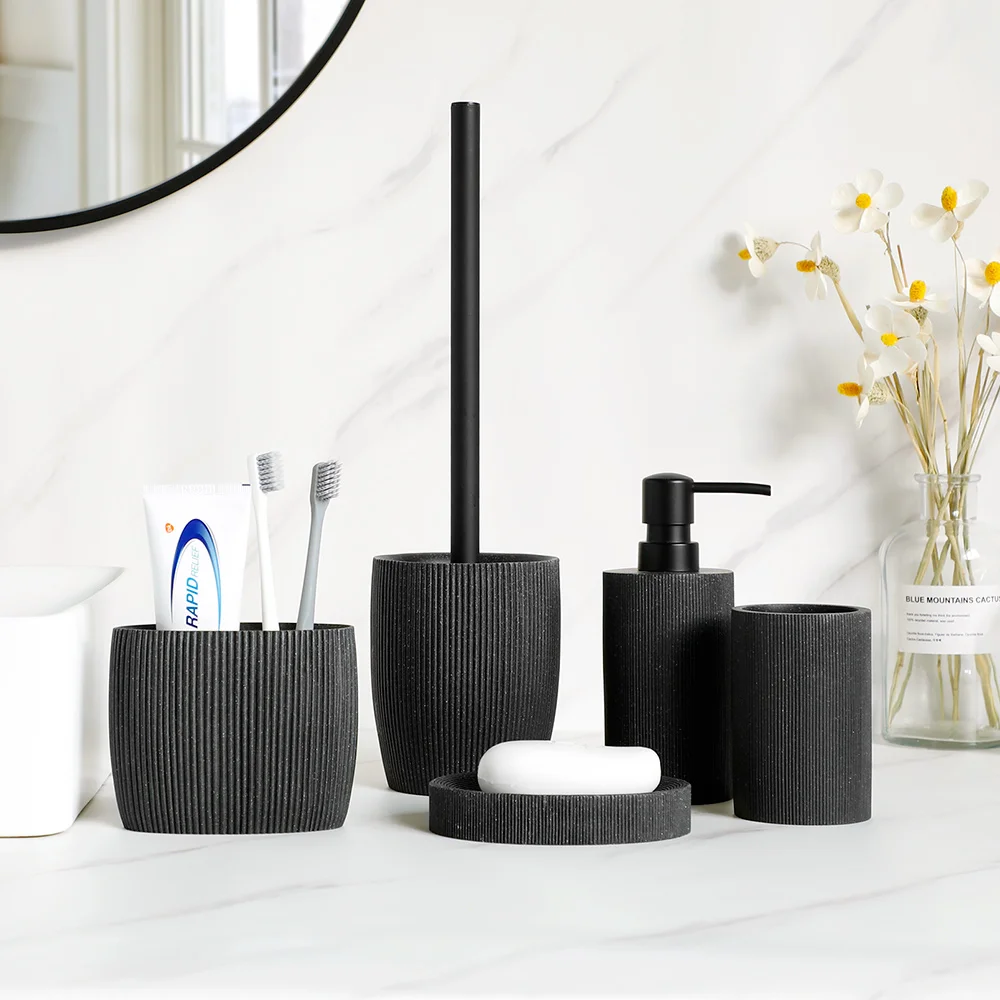 

Black Bathroom Accessories with Toothbrush Holder Soap Dispenser Tumbler Cups Soap Dish an Toilet Brush Holder