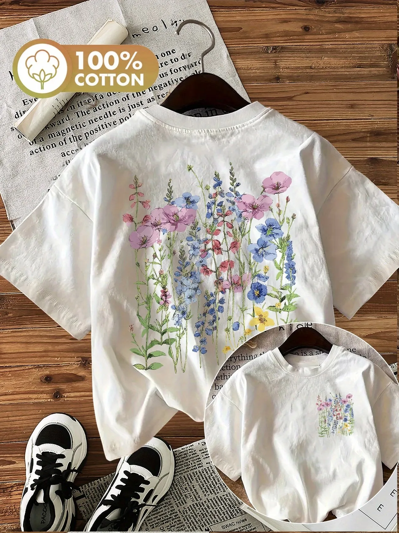 Graphic Chic Flower 100% Cotton Women's Retro Floral Print T-Shirt Soft Crew Neck Short Sleeve Top Vintage Shirt Floral Design