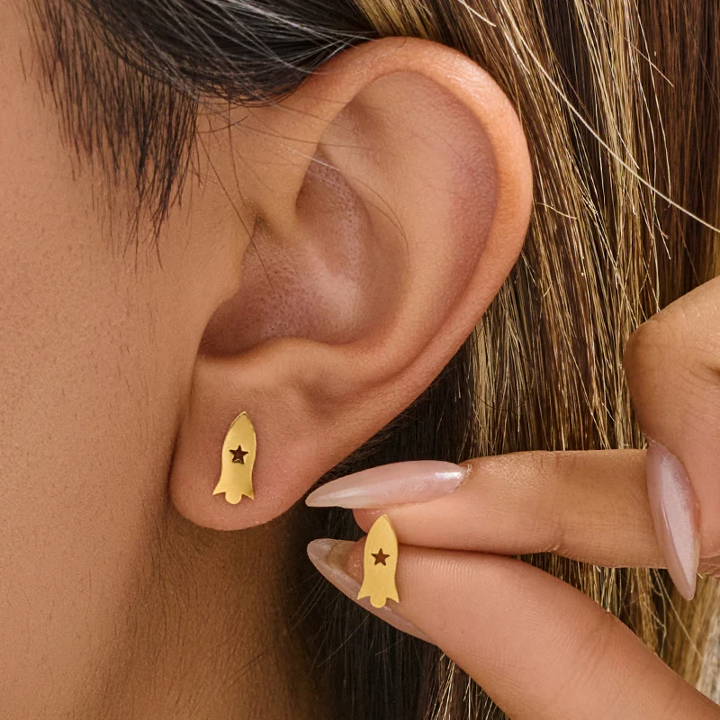 Cartoon Mini Rocket Stainless Steel Stud Earrings for Men Women Trendy Tiny Star Accessories Boy Birthday Earring Gifts