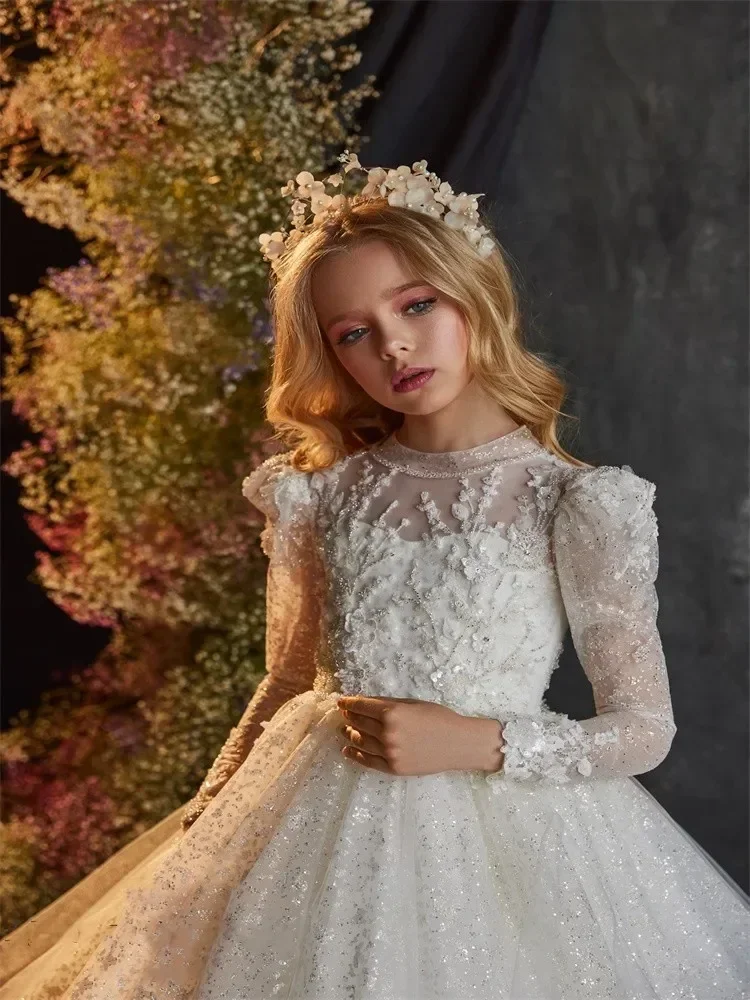 Luxury White Sequins Printing Flower Girls Dress For Wedding Party Butterfly Baptism Gowns Tulle High Neck Kids Birthday Dresses