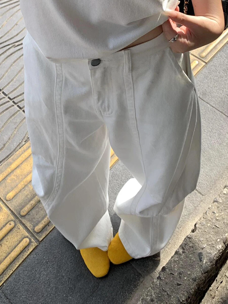 REDDACHIC الرجال الرجعية الأبيض برميل فضفاض الجينز عادية فضفاض منخفضة الخصر جيوب غرزة كلينفيت واسعة الساق الدنيم السراويل البضائع عمال