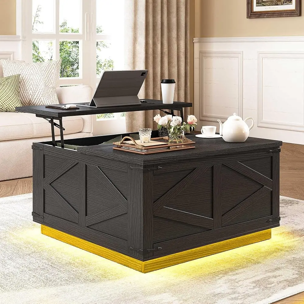 

Farmhouse Lift Top Coffee Table, Square Wood Center Table with LED Lighting, USB-C Charging Station, and Hidden Storage Comp