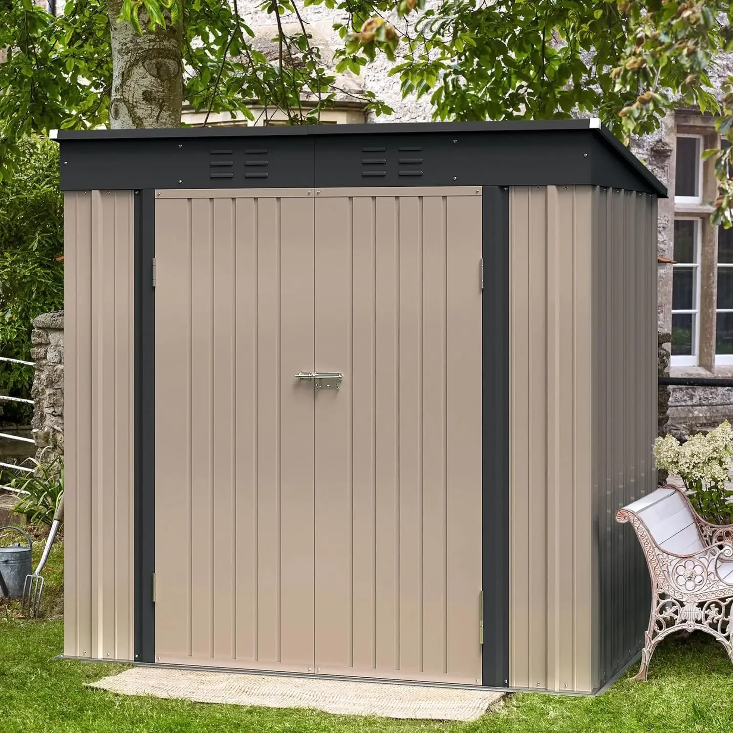 

6 x 4 FT Outdoor Storage Shed, Metal Garden Tool Sheds & Outdoor Storage House for Patio Lawn, Backyard, Garden (Brown)