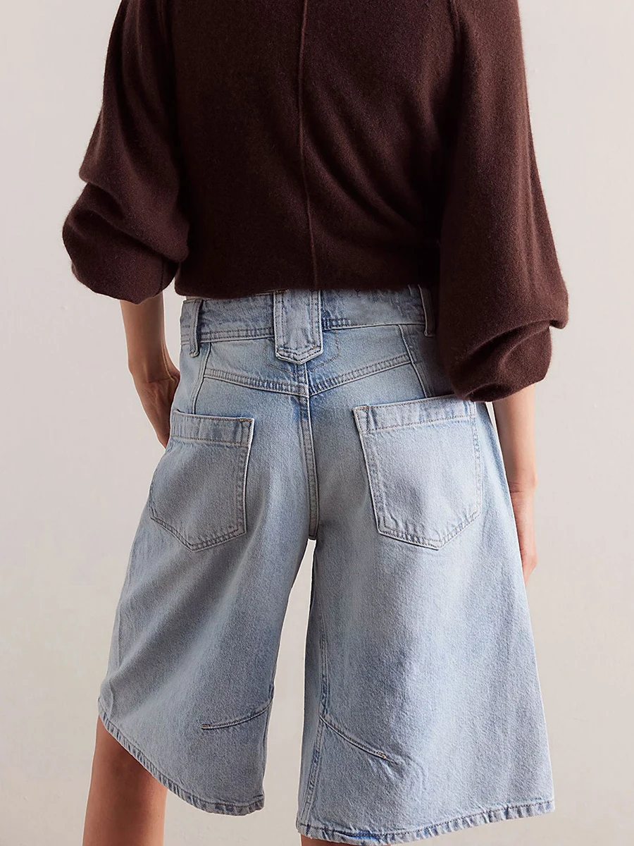 レディース膝丈デニムショートパンツ 無地 ローウエスト ワイドレッグ ジーンズショーツ 夏 クラブ ストリートスタイル S-2XL