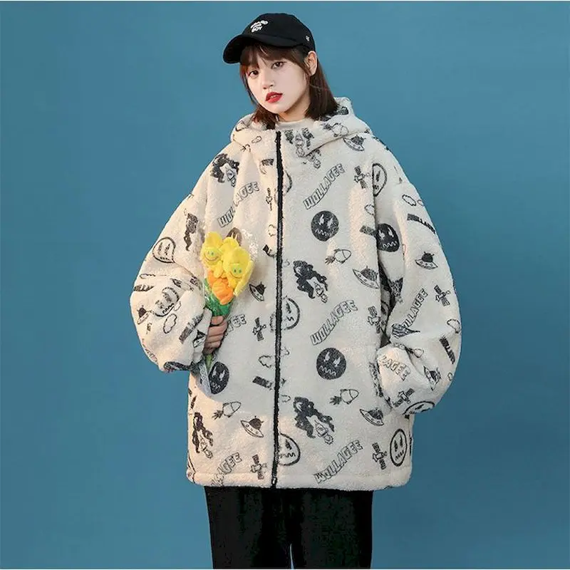 Vintage Bear Fashion Trend Hoodies Lamb Wool Winter Hooded Coat Women Niche Design Japanese Warm Jacket Popular Kawaii Clothes