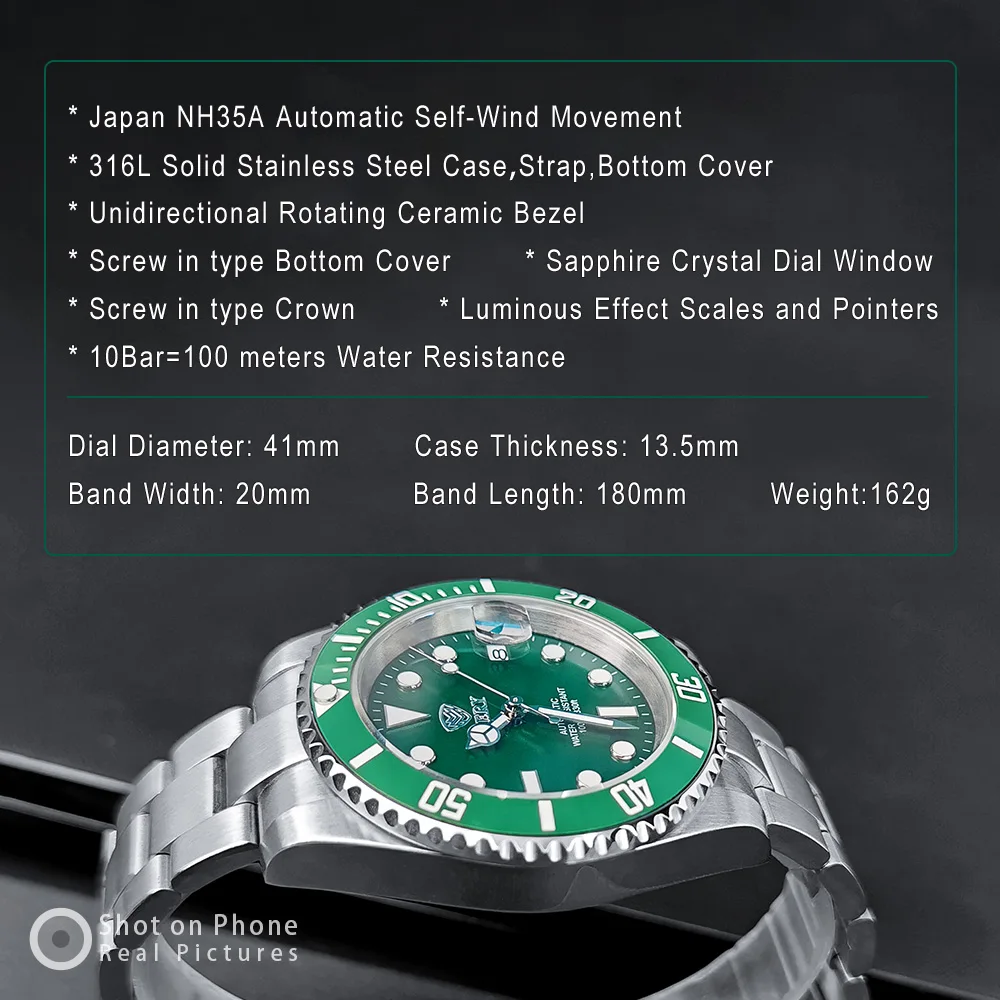 MERY New 41mm Water Ghost Diver Watch Men Luxury Business NH35 Automatic Mechanical Watch Sapphire Waterproof Causal Sport Watch