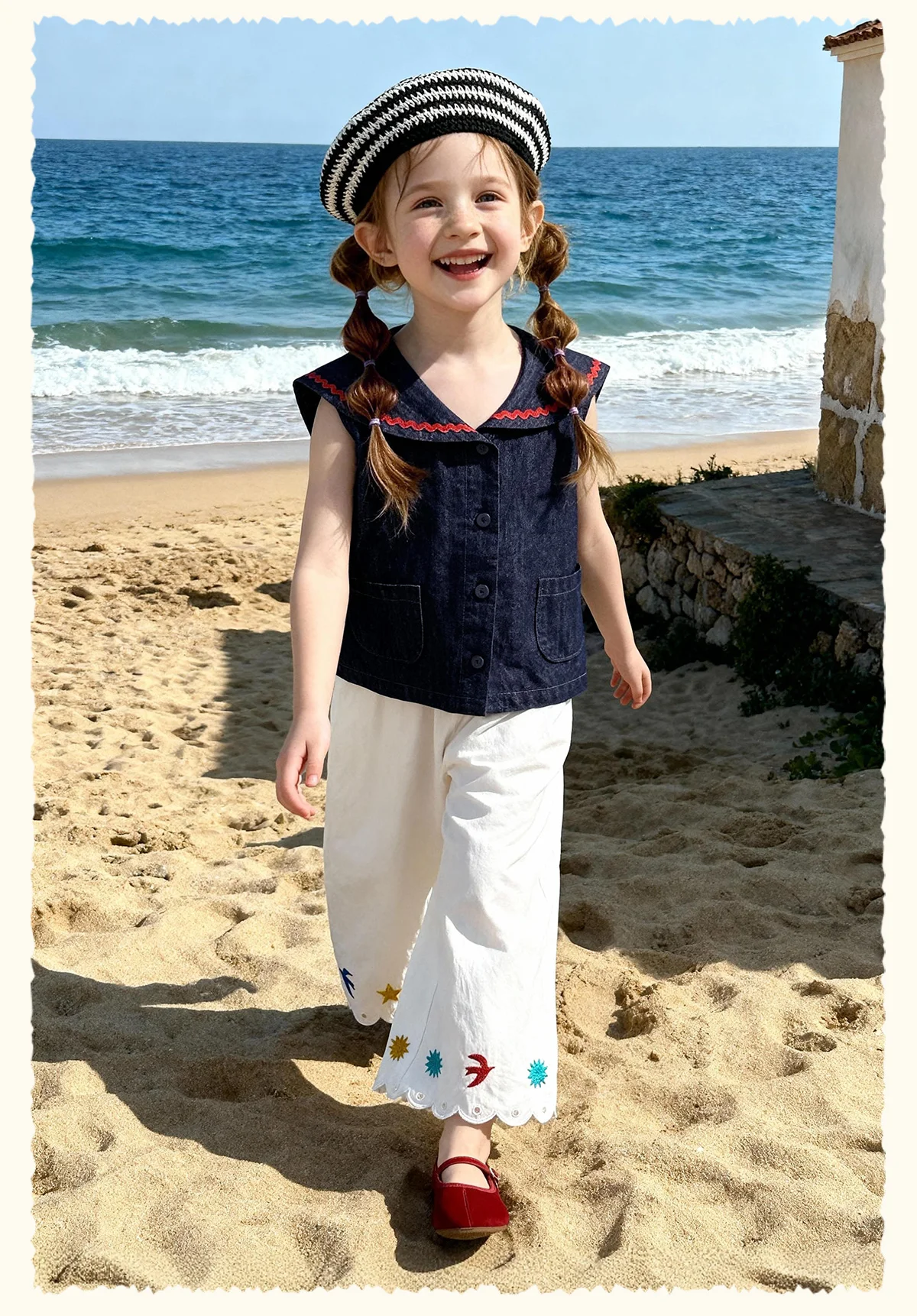 Amila 2026 Sommer Neue Kinder-Freizeithose mit Blumen- und Vogelstickerei, lockerer, lässiger Stil, einfarbig, weites Bein – Detail 10