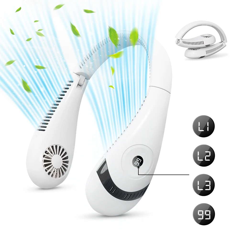 مروحة الرقبة بشاشة عرض رقمية منعشة 360 درجة °   دوران الهواء لمرآب الفندق المنزلي يستخدم ثلاثة مروحة صغيرة باللغة الإنجليزية لـ Breezy