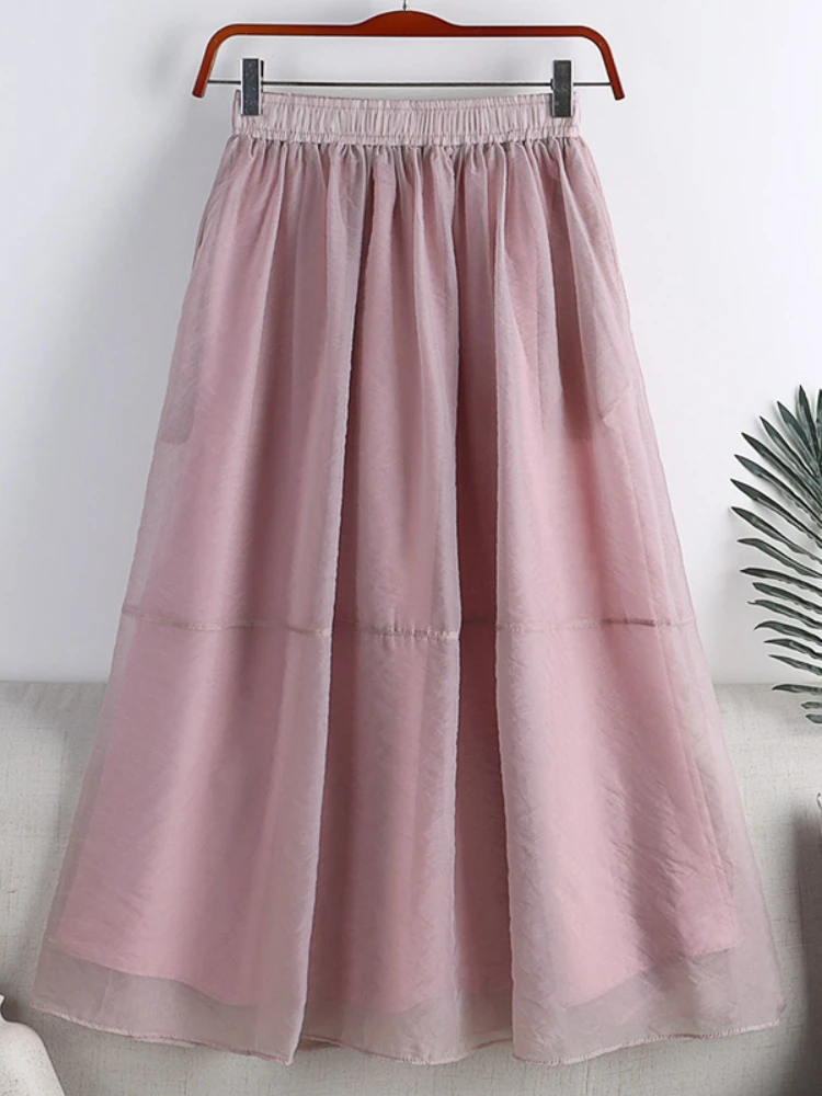 

New Summer Women Voile Skirt Ladies Thin Solid Pearly Yarn High Waist Ruffles Organza Knee-length Skirt Soft Swing Skirt