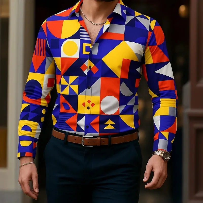

Men's Long Sleeve Shirt Casual Slim Fit Button Down Shirt Artistic geometric Patterns Shirt for Men Fashion Top Blouse Male Tee