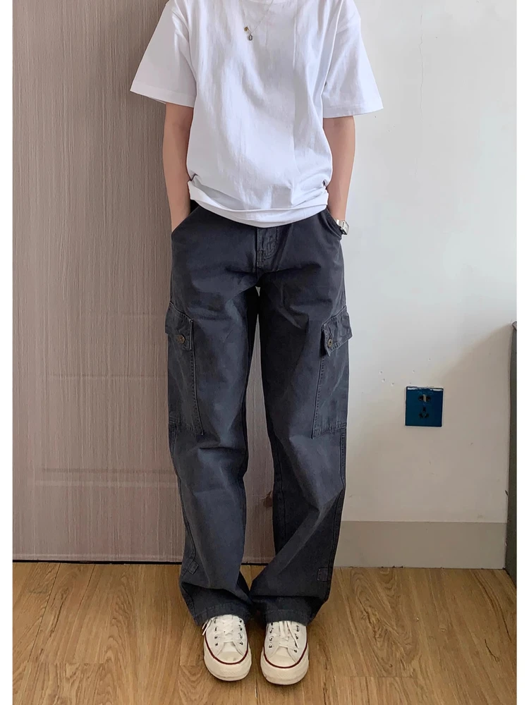 

Мужские рабочие брюки в американском ретро-стиле, серые, с множеством карманов, свободные, повседневные, широкие, прямые, в стиле High Street, молодежный энергичный стиль
